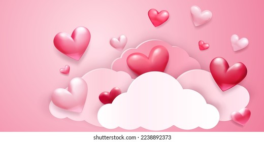 Valentine's Day illustration with red hearts and paper clouds on pink background