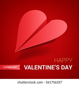 Valentines day illustration. Red paper plane shaped of heart. Vector.