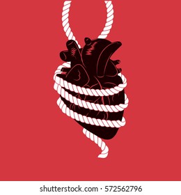 Valentine's day illustration. Rope wrapped around real human heart  on red background. 