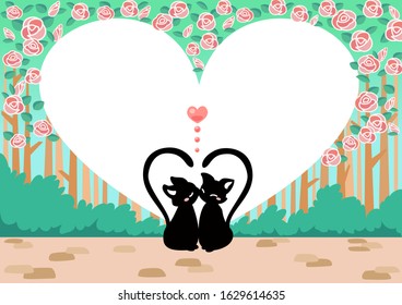 Valentine's Day Illustration / Rose heart garden and cat/ Vector Illustration