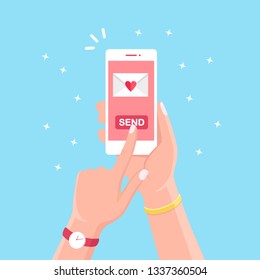 Valentine's day illustration. Send or receive love sms, letter, email with white mobile phone. Human hand hold cellphone, smartphone isolated on background. Envelope with red heart. Vector flat design