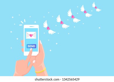 Valentine's day illustration. Send or receive love sms, letter, email with mobile phone. White cellphone in hand isolated on background. Flying red heart with wings, envelope. Vector flat design