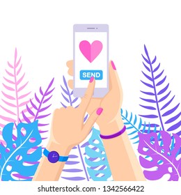 Valentine's day illustration. Send or receive love sms, letter, email with mobile phone. White cellphone with red heart icon in hand isolated on background. Vector flat design