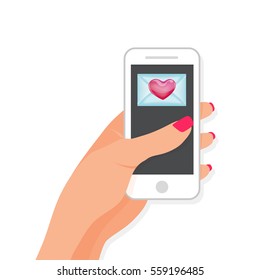 Valentine's day illustration. Send or receive love letter, sms, email with mobile phone. Human hand hold cellphone isolated on pink background. Flying red heart. Flat design, vector icon.