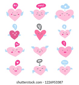 Valentines day illustration. Set, collection of various flat funny hearts with wings and cartoon kawaii emoji faces. Emoticons with facial expressions, emotions - love, surprise, shame, joy, jealousy