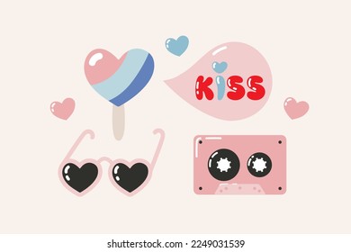 Valentine's day illustration. Set of different hand drawn love elements.  Variety of isolated Valentine stickers for print. Heart, Ice-cream, Speech bubbles, kiss, Vintage Cassette, Sunglasses