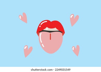 Valentine's day illustration. Set of different hand drawn love elements.  Variety of isolated Valentine stickers for print. Heart, Lips, Kiss, tongue