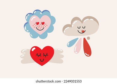Ilustración de San Valentín. Conjunto de diferentes elementos de amor dibujados a mano.  Variedad de pegatinas de San Valentín aisladas para imprimir. Nubes, corazones, cielo, ángel