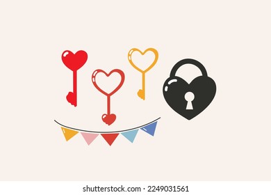 Valentine's day illustration. Set of different hand drawn love elements.  Variety of isolated Valentine stickers for print. Key, Lock, Retro flags