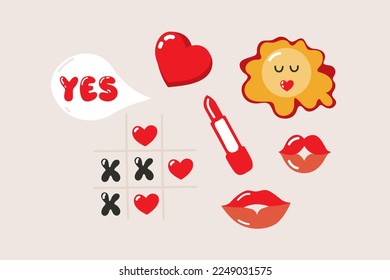 Valentine's day illustration. Set of different hand drawn love elements.  Variety of isolated Valentine stickers for print. Heart, Sun, Lips, Kiss, Tic tac toe, Speech bubbles with text, yes, lipstick
