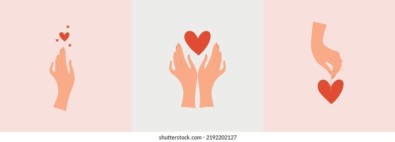 Valentine's day illustration set, hand palm touching heart symbol, gentle poster, banner, greeting card, self love concept. Flat cartoon vector design.