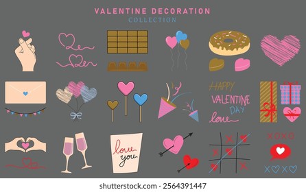 VALENTINE'S DAY ILLUSTRATION SET, HEARTS, BALLOONS, CHOCOLATE, DONUT, GIFT