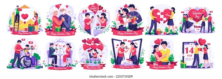 Valentine's Day Illustration Set with a romantic couple celebrating valentine's day. Online dating and virtual relationships. Vector Illustration in Flat Style