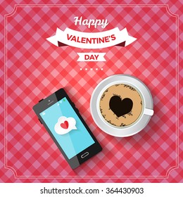 Valentine's day illustration. Smart phone and cup of coffee with coffee foam forming a heart shape on checkered tablecloth. Overhead point of view. Vector illustration.