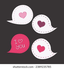 Valentinstag-Illustration, Sprachblase auf isoliertem schwarzem Hintergrund. Briefe, dass ich dich liebe. Frische Herzen in rosafarbenen Tönen, weiße und hellrosa Blasen. Für Postkarten, Einladungen, Symbole.