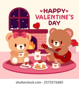 Valentine's Day illustration of a teddy bear couple enjoying a cozy fireplace date with music, coffee, and sweet treats.