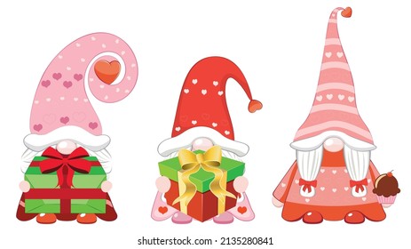 Valentine's Day illustration of three female gnomes with gifts.

