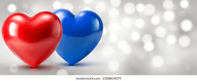 Valentine's day illustration with two big shiny hearts, red and blue, on a blurred background with bokeh effect