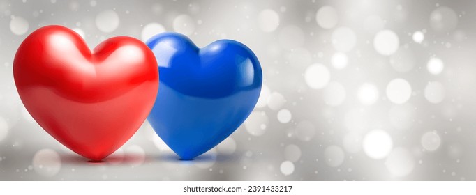 Valentine's day illustration with two big shiny hearts, red and blue, on a blurred background with bokeh effect