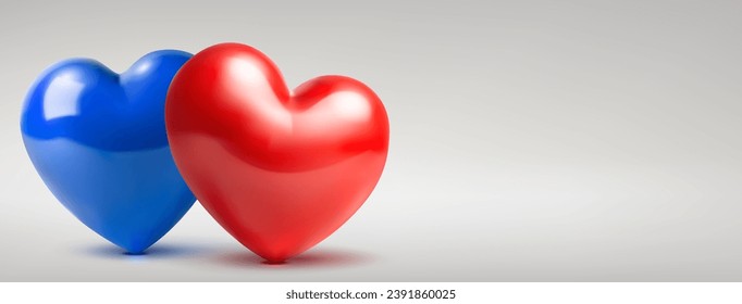Valentine's day illustration with two big shiny hearts, red and blue, on a white background
