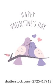 Valentine's Day illustration with two doves on branch with hearts above them. Vector design for romantic gifts and love-themed cards and posters.
