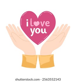 Valentine's Day Illustration of two open hands holding pink heart with phrase "I love you" on white background. Cute inspired - love heart in vector flat style. For valentine cards, banners, decor.