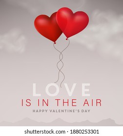 Valentine's day illustration, two red heart shape balloons in the sky. Valentine's day concept, vector illustration.

