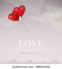 Valentine's day illustration, two red heart shape balloons in the sky. Valentine's day concept, vector illustration.

