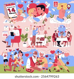 Valentine's Day illustration. A vibrant celebration of love featuring couples sharing moments, decorations, and gifts to express affection. It captures the joy of relationships through various