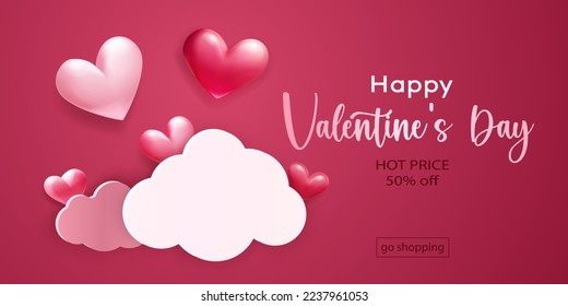 Valentine's Day illustration with voluminous hearts and paper clouds on red background
