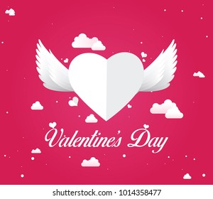 Valentines day Illustration, white heart  flying in the pink sky with wings and clouds, paper art style
