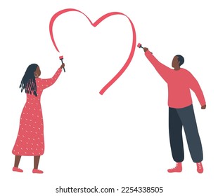 Valentine's day illustration. Young black woman and young black man drawing red heart. Boyfriend and girlfriend in love. Vector illustration