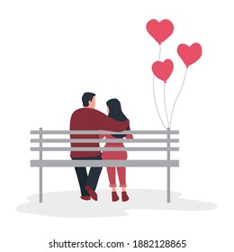 Valentine's day illustration. Young couple is sitting on a park bench. The man hugs the woman. Back view. There are also red balloons in the form of a heart in the picture. Vector illustration