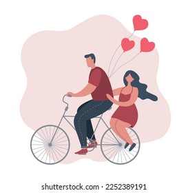 Valentine's day illustration. Young man with young woman is riding a bike with red hearts. Vector illustration