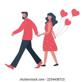 Valentine's day illustration. Young man walks with young woman holding hands. Young couple with heart shaped balloons. Vector illustration
