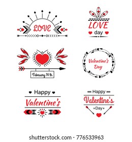Valentine's Day Illustrations and elements of the printing house for the decoration of greeting cards, posters, invitations. A set of ethnic elements: frames, arrows, feathers, geometric ornament.