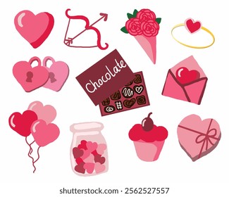 Valentine's Day Illustrations Featuring Hearts, Chocolates, Cupids, and Romantic Gifts. Ideal for holiday-themed designs.