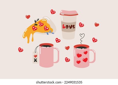 Valentine's day illustrations. Romantic set of different hand drawn love elements. Holiday concept. Variety of isolated Valentine stickers for print. Retro Pizza, Coffee, Love, Tea, Cup, and hearts. 