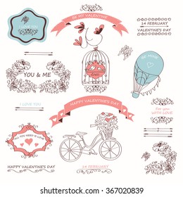 Valentines day illustrations and typography elements