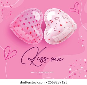 Valentine's day inflatable balloons clipart design. Printed heart inflatable balloons with kiss me and valentine greeting text  in pink doodle abstract background. Vector illustration romantic symbol 