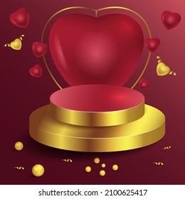 Valentine's day interior with red platform on red background. Red podium with a voluminous heart, balloons, serpentine and voluminous flying hearts. 3d rendering