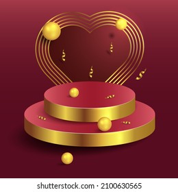 Valentine's Day interior with red platform on red background. Gold podium with an arch in the form of a heart. 3d rendering