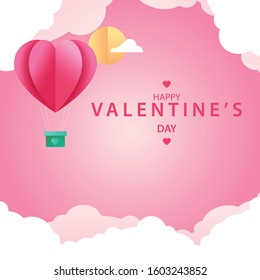 Valentine's Day invitation card balloons in the background and text Happy Valentine's Day pink, white clouds, sun. Vector illustration.