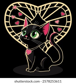 Valentines day invitation card black cat and heart, vector illustration