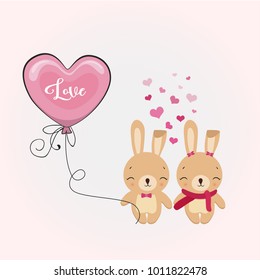 Valentines day invitation card with cute cartoon hares in love with Heart Shaped Balloons. Happy Valentine's day. Vector illustration.