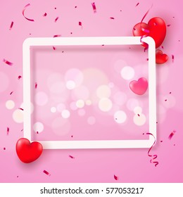 Valentine's day. Invitation card pink balloons heart on abstract background.