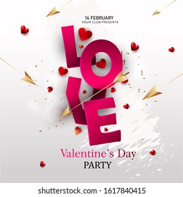 Valentines day invitation card, poster with red and pink hearts background