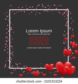 Valentine's Day invitation card, square flyer, booklet vector design template. Black background with white frame and hearts