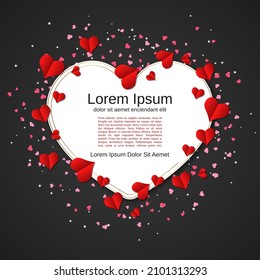 Valentine's Day invitation card, square flyer, booklet vector design template. Black background with white frame and hearts