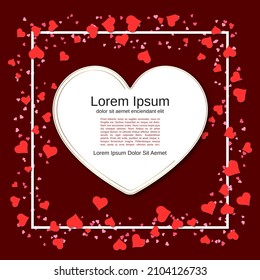 Valentine's Day invitation card, square flyer, booklet vector design template. Dark-red background with white frame and hearts